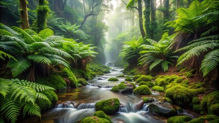 A dripping stream runs through a dense thicket of green ferns and shrubs in a misty forest atmosphere, foliage, damp earth, natural scenery