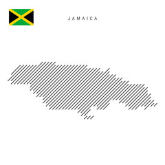 Jamaica map from pattern of black slanted parallel lines. Jamaican map with gray diagonal lines. Silhouette of a country made of oblique hatching. Vector illustration isolated on white.