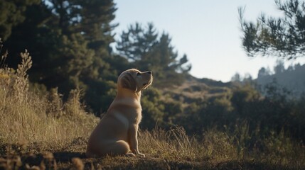 Golden Labrador puppy sits outdoors in a sunlit grassy hillside, looking up.