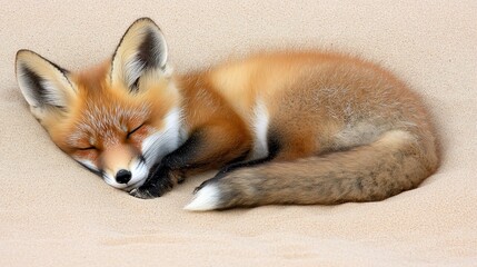Adorable red fox kit sleeping peacefully on sand.