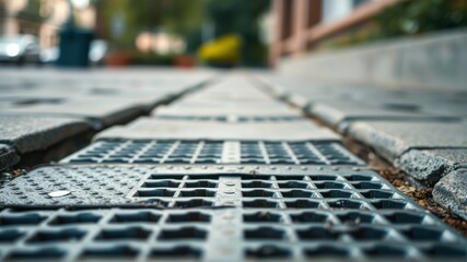 A Close-Up View of a Metal Drain Cover Embedded in the Sidewalk, Showing the Detail of the Pattern and Texture of the Surface