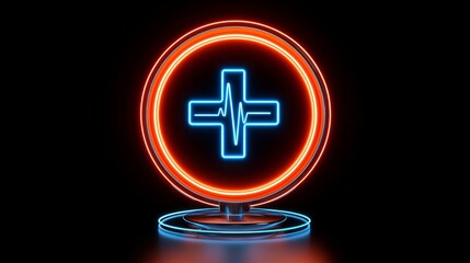 Obraz premium health warning reporting concept. Neon medical cross symbol with a heartbeat design on a dark background.