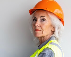 Senior Woman in Safety Gear with Orange Hard Hat and Reflective Vest