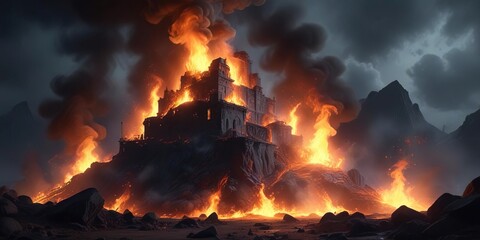 Smoke and flames rising from a dark, mysterious place, fire, abstract, flames