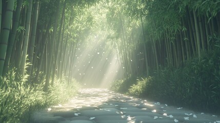 Obraz premium Sunbeams illuminate a path through a lush bamboo forest.