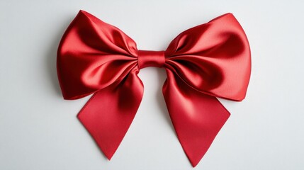 Fototapeta premium A festive red satin bow with sharp, symmetrical loops and a glossy finish, elegantly positioned on a bright white background.