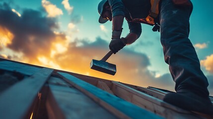 Construction Worker Using a Sledgehammer at Sunset