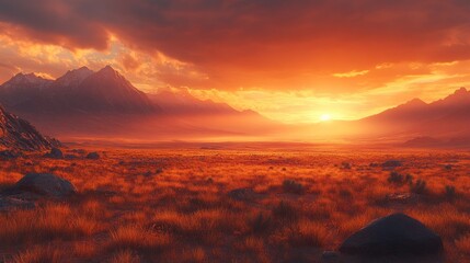 Mountain valley sunset over grassy plains, dramatic sky.