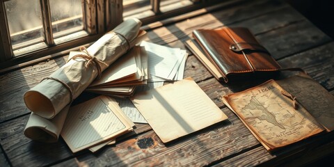 A Stack of Vintage Paper and a Leatherbound Journal Resting on a Sun-Drenched Wooden Surface