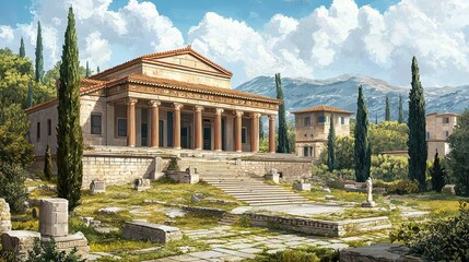 Ancient Greek Temple Surrounded by Lush Greenery and Scenic Landscape