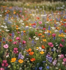 Obraz premium Soft focus of a field of blooming wildflowers, botanical, landscape, rural