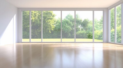 Empty modern room with large windows showing a lush green garden.