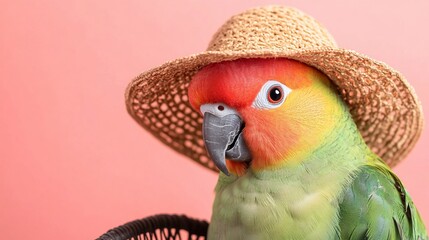 Sun conure parrot wearing a straw hat.
