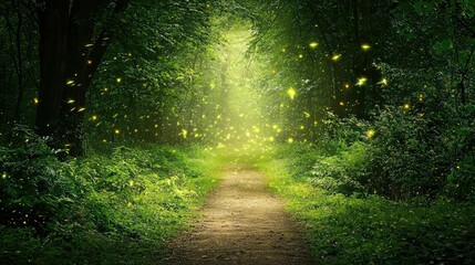 Obraz premium Enchanted Forest Pathway with Dreamy Fireflies Illuminating Trail