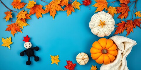 Autumn-themed knitted toys in shape of oak and maple leaves, beige pumpkins on blue background, concept of autumn, thanksgiving, halloween, halloween, composition, knitted