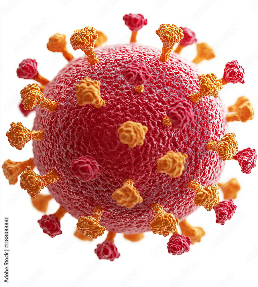 Poster 3d rendering of a red and orange single-cell virus with sharp edges, circular shape, yellow spikes, 