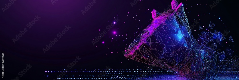 Poster abstract digital data explosion, glowing particles and lines.
