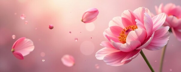 Soft peony petals in pastel hues float in air, flowers, peach, pink
