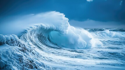 Majestic Blue Ocean Wave Crashing on Rocky Shore During Sunset
