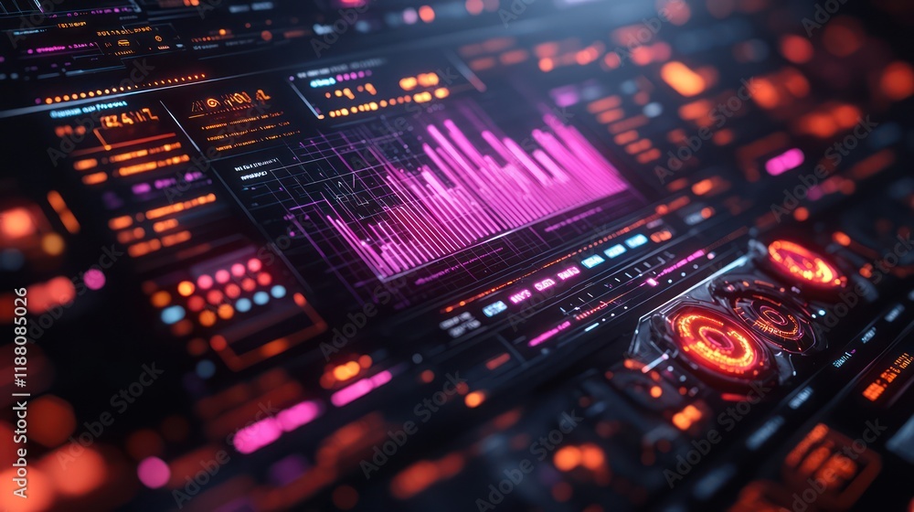 Poster futuristic interface: neon hues and data streams