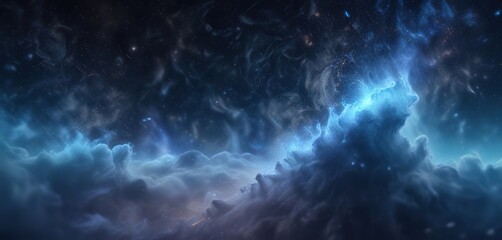 Obraz premium Swirling blue mist with bokeh lights in a galaxy background, galaxy, cosmic, ethereal