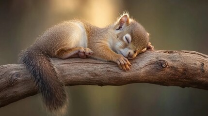 Adorable baby squirrel sleeping peacefully on a tree branch in soft sunlight.