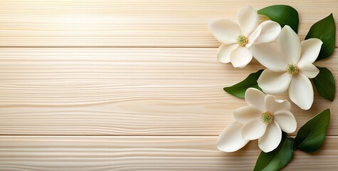 White magnolia blossoms and green leaves arranged on light wood background.