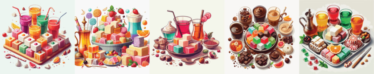 vector set of sweet turkish delight dishes