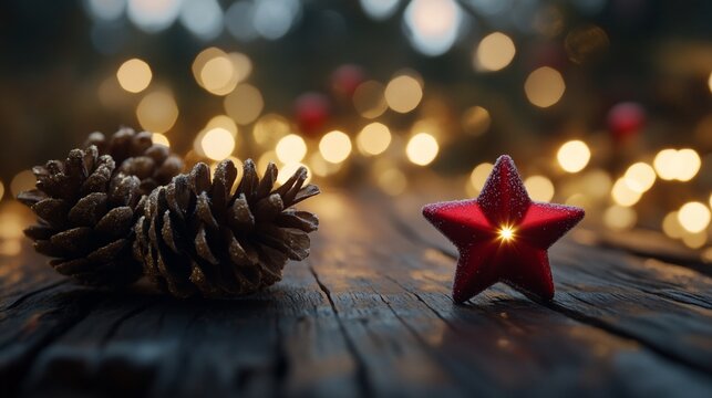 Festive pine cone and star on rustic wood with bokeh lights.