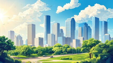 Fototapeta premium Vibrant City Skyline Surrounded by Lush Green Park and Blue Sky