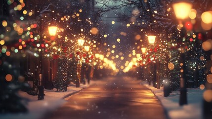 A festive snowy city street on Christmas Eve, lined with decorated trees, glowing with bright lights, and surrounded by an abstract bokeh effect.