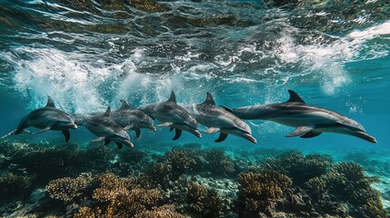 Obraz premium Graceful Dolphins Swimming Amidst Coral Reefs Under Ocean Waves