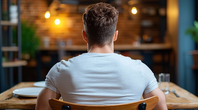 Male Loneliness Epidemic concept. A man sits at a wooden table, facing away, in a warm, inviting restaurant setting with soft lighting and greenery.