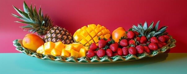 A vibrant fruit platter with pineapple, mango, and strawberries, placed on a solid-colored background