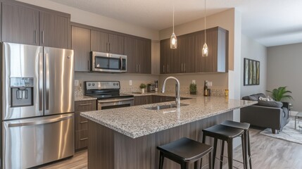 Fototapeta premium A modern kitchen with stainless steel appliances, clean countertops, and a center island ready for cooking. 