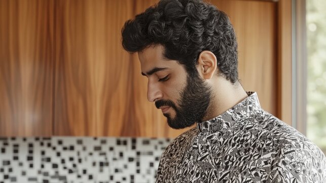 Contemplative Man in Modern Kitchen with ed Shirt