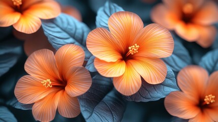 Fototapeta premium Orange hibiscus flowers blooming amidst blue leaves.