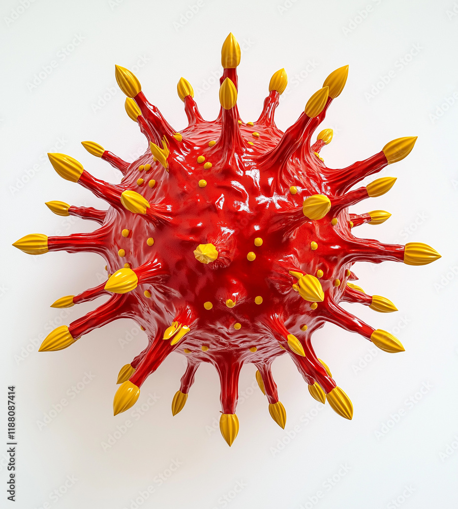 Poster 3d rendering of a red and orange single-cell virus with sharp edges, circular shape, yellow spikes, 