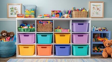 Colorful Toy Storage Organization in Playroom with Baskets and Blocks