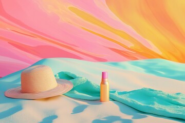 A beach hat, beach towel, and sunscreen resting on a soft sand, set against a vibrant background