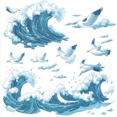 Fototapeta premium Ocean Waves and Seagulls Clipart Digital Art for Design
