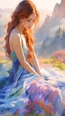 Redhead Woman in Blue Dress on Mountaintop Meadow