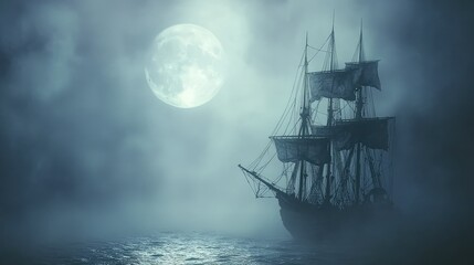 Fototapeta premium Mysterious Ship Sailing Under Full Moon in Foggy Waters at Night
