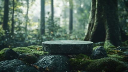 Empty stone podium on moss-covered rocks in an ancient forest, surrounded by lush foliage and misty atmosphere showcasing natural beauty