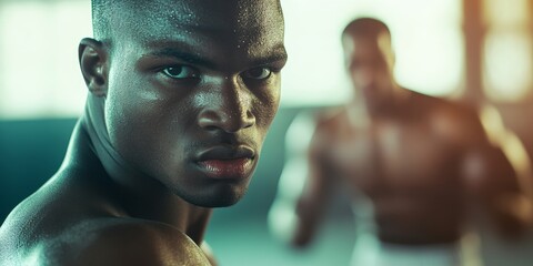 Intense Focus  Determined Boxer Prepares for Challenging Match in Sunlit Gym