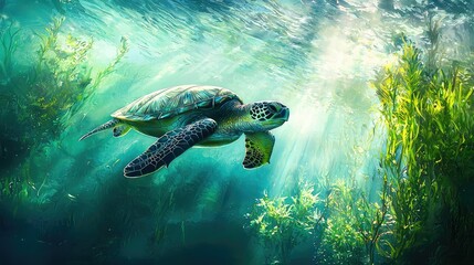 Obraz premium Majestic Sea Turtle Gliding Through Vibrant Underwater Landscape