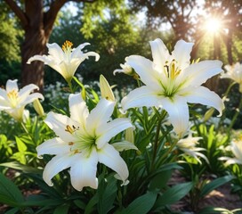 White lily flower blooming in the garden with sunlight filter through trees , blossom, spring