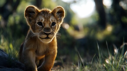 Adorable lion cub in natural habitat.
