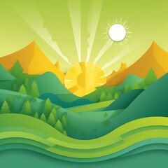 Obraz premium Serene Sunrise Over Rolling Green Hills and Mountains