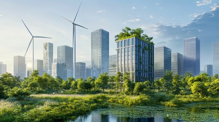 Naklejka premium Eco-Cityscape: Green Towers and Wind Turbines in a Serene Urban Setting